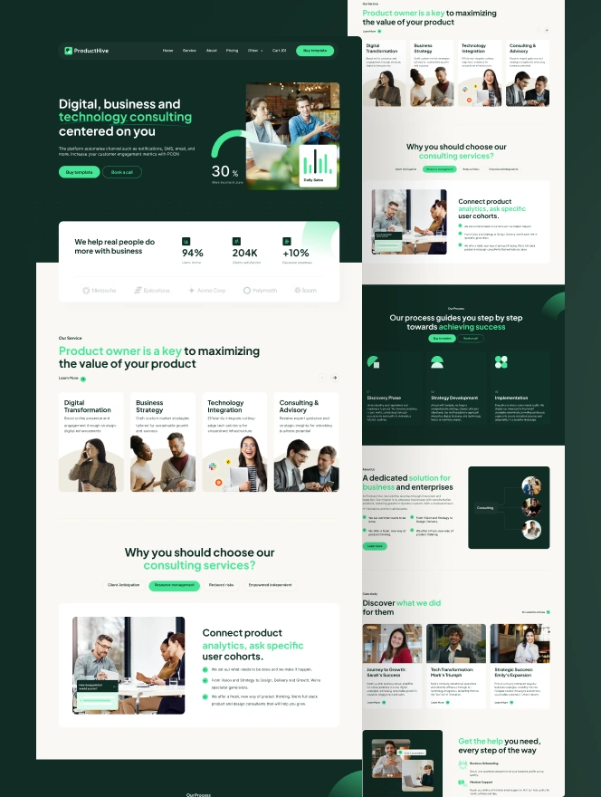 Product Hive is a professional service focused template that is created for marketing, consultancy or product teams. It offers a clean & minimal look, it is perfect for business team that wants to highlight their revenues or growth.